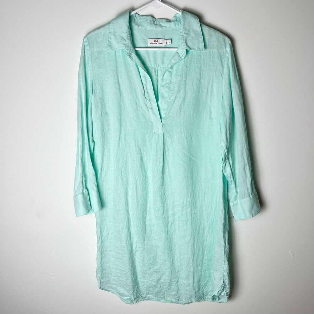 Vineyard Vines Linen Cotton Popover Tunic Top Womens Small Aqua Relaxed Beachy